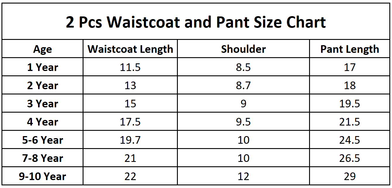 2 Pcs (Waistcoat + Pant) Size Chart