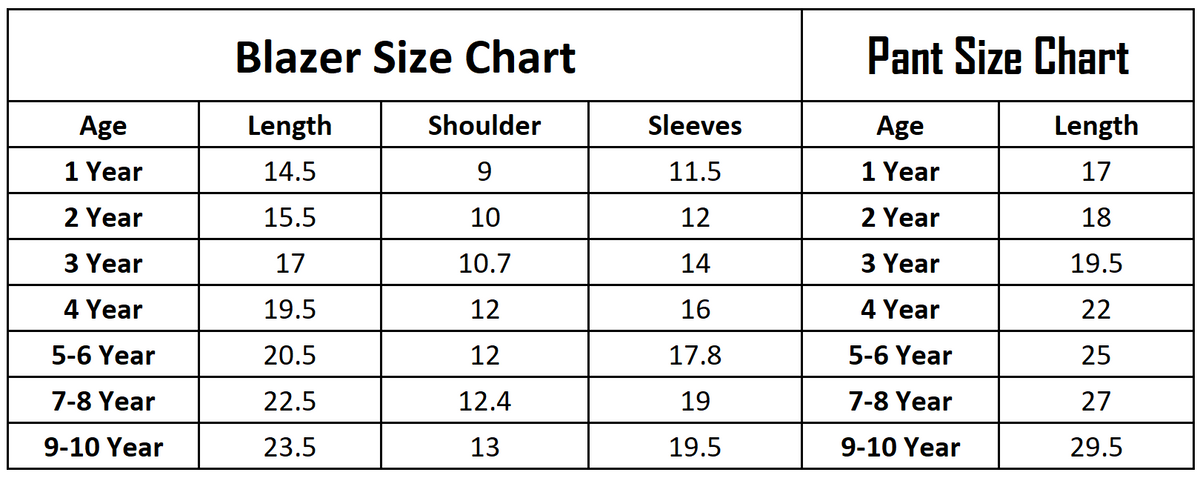 2 Pcs (Coat + Pant) Size Chart