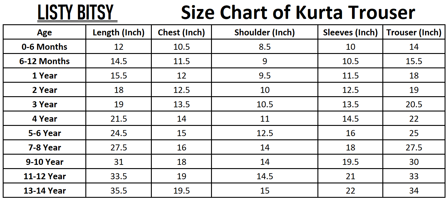 Kurta Trousers Size Chart