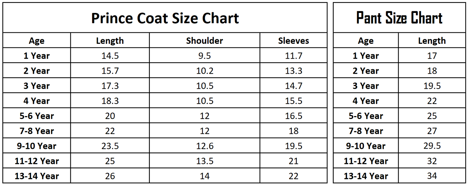 Prince Coat Size Chart