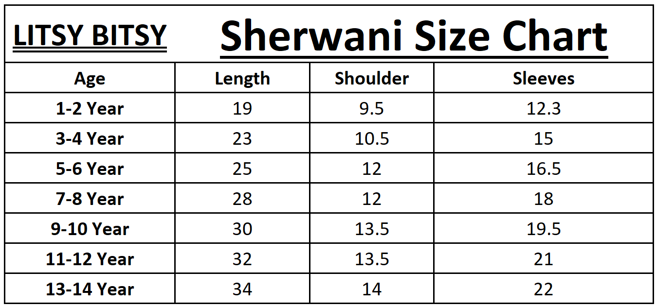 Sherwani Size Chart