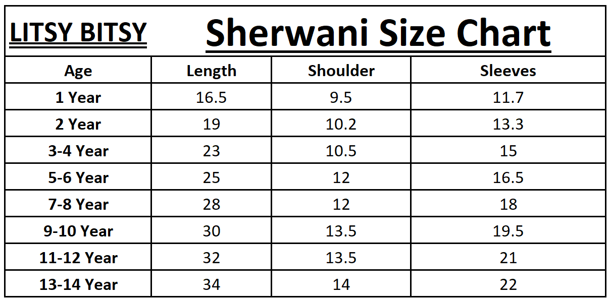 Sherwani Size Chart